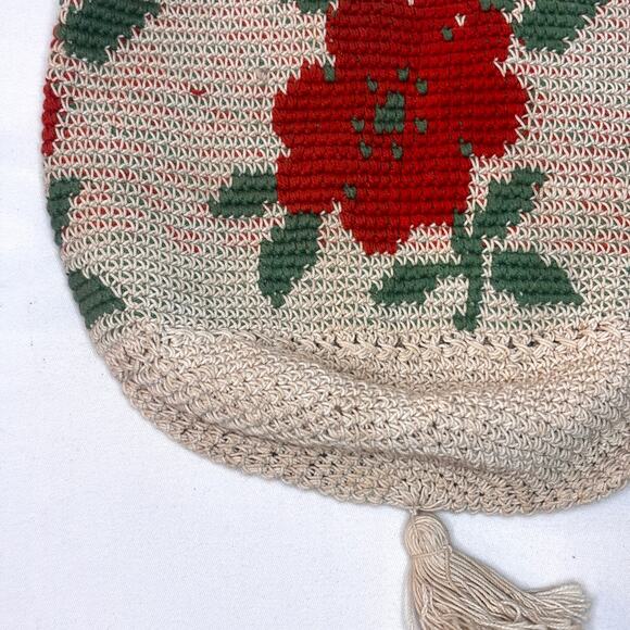 Antique 1920s Macrame Crochet Drawstring Purse Orange Flower Crossbody Tassels - Picture 11 of 16